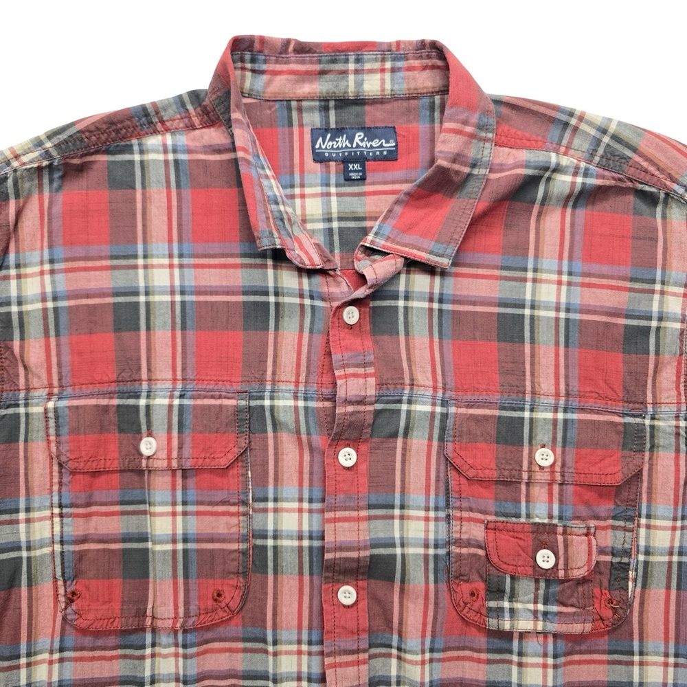 North River Plaid Button‎ Up Shirt Red Blue Short Sleeve Men’s XXL